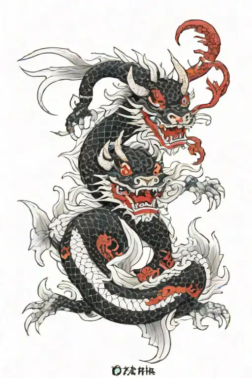 a hannya oni with a white dragon and red fish with one black snake and one white snake  tattoo design idea