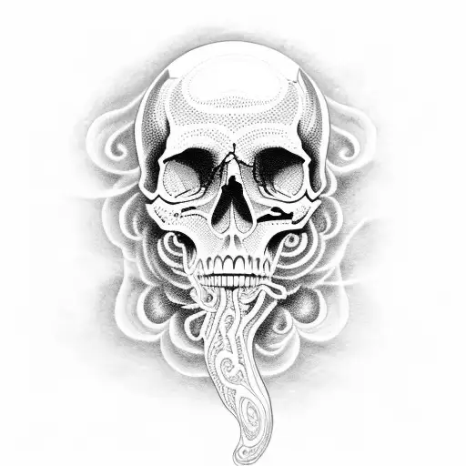 An intricate skull surrounded by swirling smoke tattoo design idea