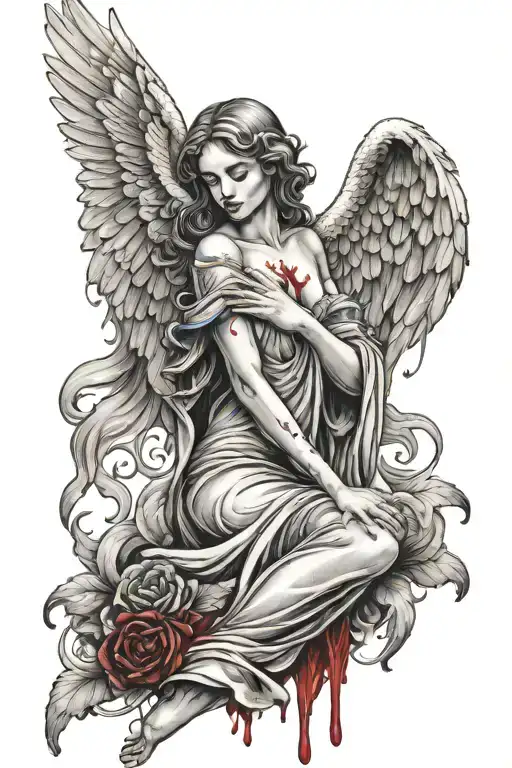 beautiful angel holding with blood dripping down tattoo design idea