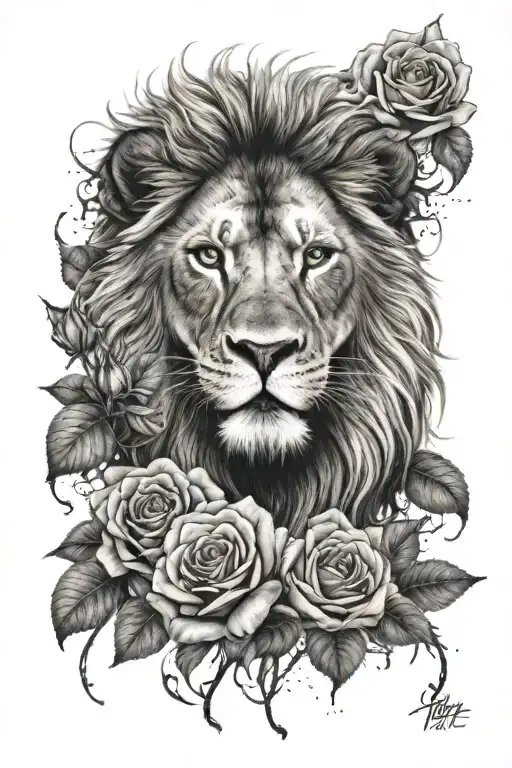 Lion and roses and fire hurt tattoo design idea