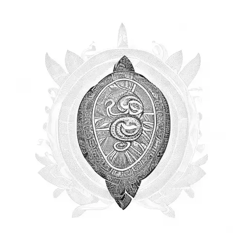 Polynesian line art turtle made of floral incorporating the letters "ELM" tattoo design idea