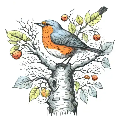 birch tree and Robin singing bird perched tattoo design idea