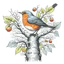 birch tree and Robin singing bird perched tattoo design idea