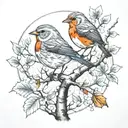 birch tree and Robin singing bird perched tattoo design idea