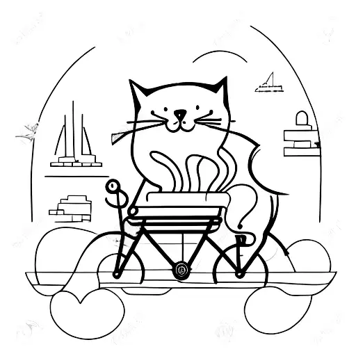 A minimalist tattoo of a cat riding a bicycle through a cityscape tattoo design idea