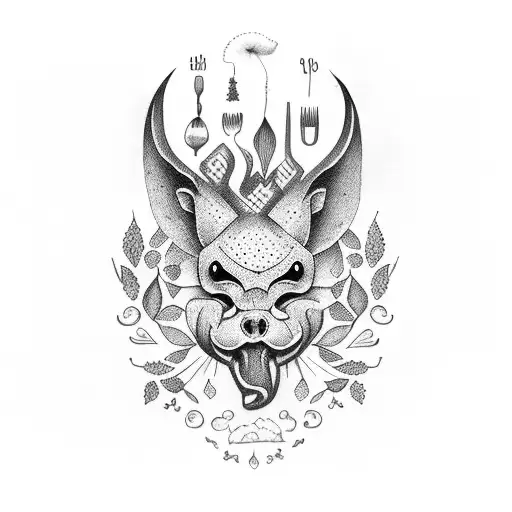 A mouthwatering spread of traditional Serbian dishes surrounded by nature elements tattoo design idea