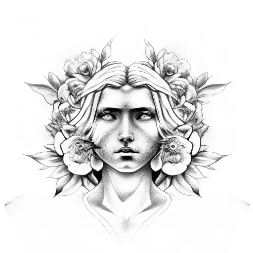 A biblical angelic figure surrounded by a garden of dark and mysterious flowers tattoo design idea