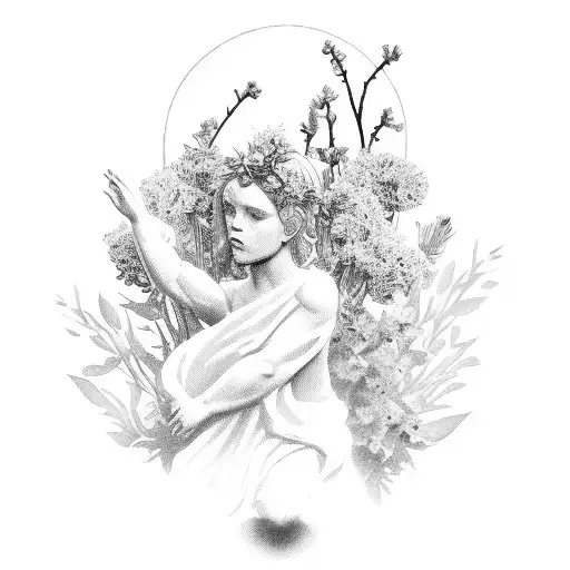A biblical angel surrounded by a garden of dark and mysterious flowers tattoo design idea