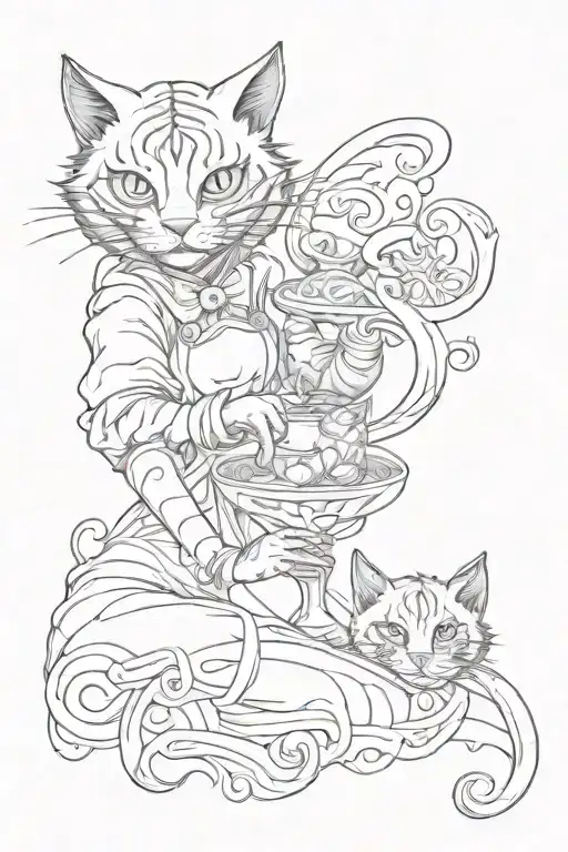 alice and cheshire cat upper arm sleeve tattoo design idea