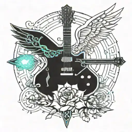 a winged guitar with flowers and swords tattoo design idea