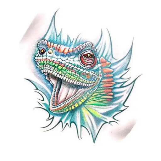 cartoonish angry chameleon wearing a bandana on his head  tattoo design idea
