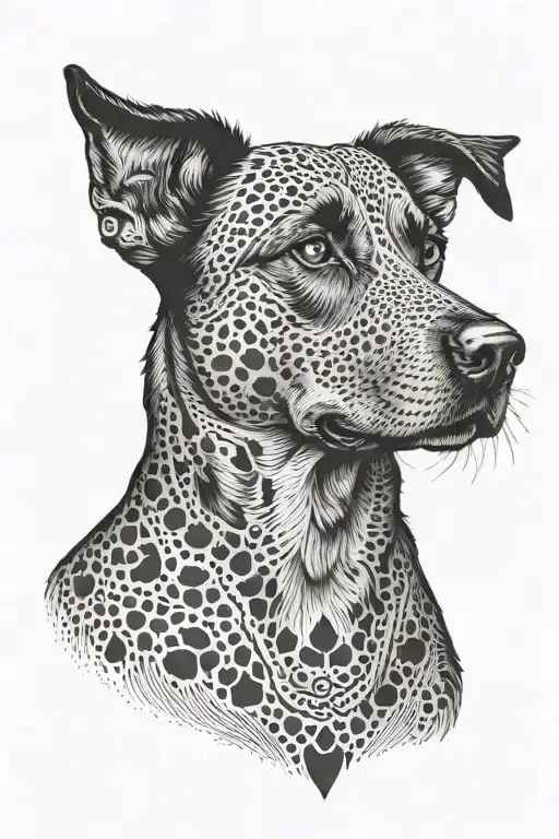 A dotwork portrait of a dog with a paw print border tattoo design idea