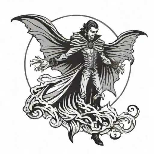A silhouette of a vampire with a flowing cape and fangs, set against a full moon backdrop tattoo design idea