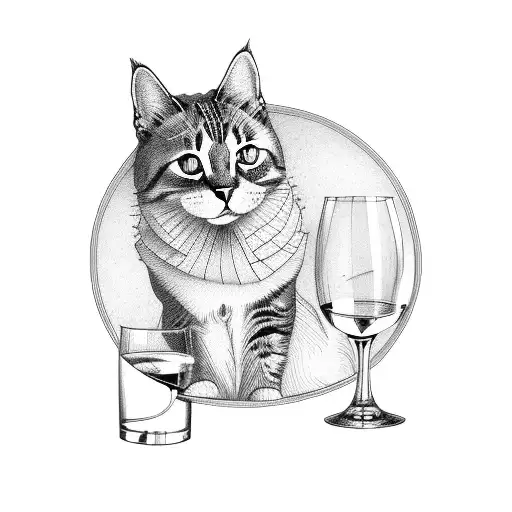 full body of cat sitting with a wine glass tattoo design idea