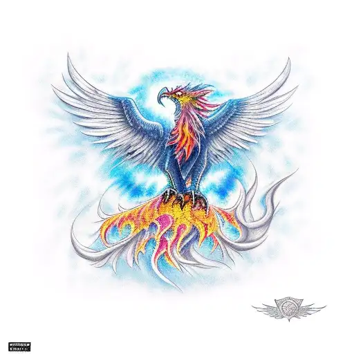 A phoenix rising from the ashes with the words 'never give up' incorporated into the design tattoo design idea