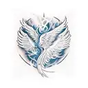 A phoenix rising from the ashes with the words 'never give up' incorporated into the design tattoo design idea