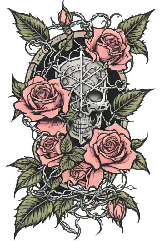 rose, thorns, lightning, barbed wire and pink tattoo design idea