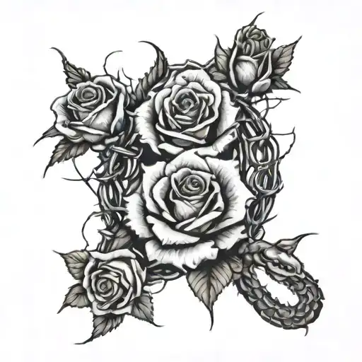 roses, thorns, storm, barbed wire and snake tattoo design idea