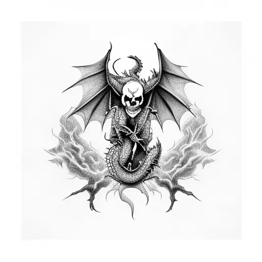 skull angry dragon clouds smoke tattoo design idea