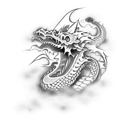 human skull + Japanese dragon + clouds and smoke in background tattoo design idea