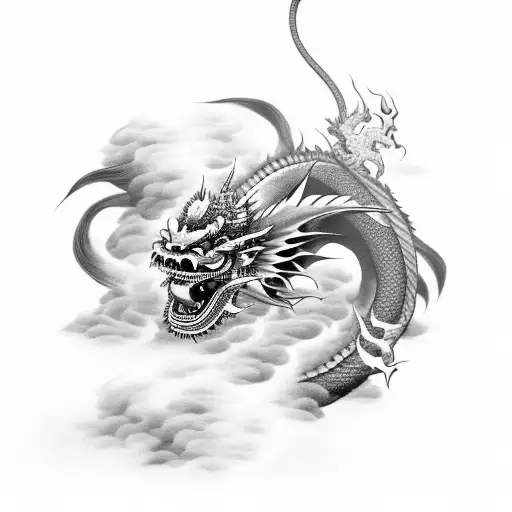 Japanese dragon wrapped around a human skull + clouds and smoke in background tattoo design idea