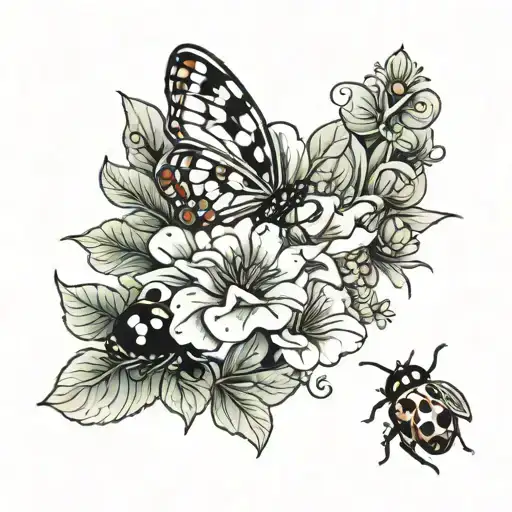 orhidee and petunia with ladybug sitting tattoo design idea