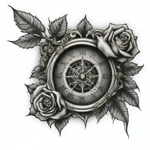 tree and rose and clock and compass tattoo design idea