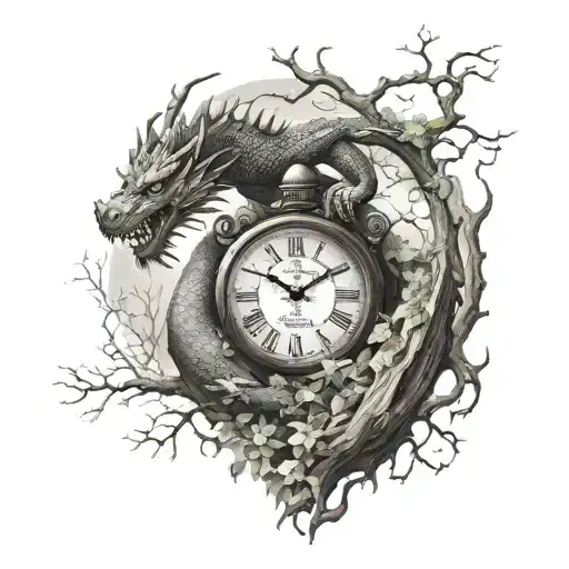 tree and dragon and clock  tattoo design idea