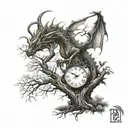 tree and dragon and clock  tattoo design idea