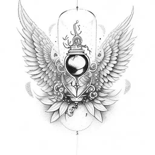 A dotwork tattoo of a broken hourglass with Icarus wings emerging from it, representing the fleeting nature of life tattoo design idea