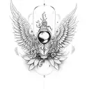 A dotwork tattoo of a broken hourglass with Icarus wings emerging from it, representing the fleeting nature of life tattoo design idea