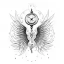 A dotwork tattoo of a broken hourglass with Icarus wings emerging from it, representing the fleeting nature of life tattoo design idea