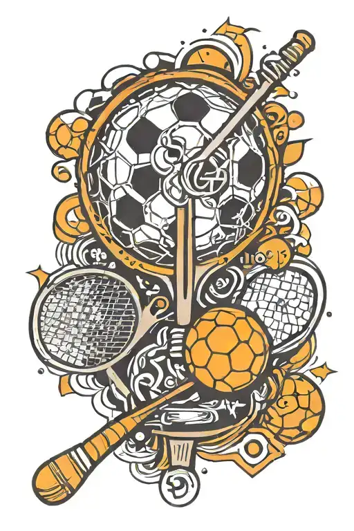 Combine a tennis racket and a soccer ball with the psi symbol in a minimalist tattoo tattoo design idea
