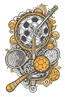 Combine a tennis racket and a soccer ball with the psi symbol in a minimalist tattoo tattoo design idea