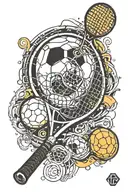 Combine a tennis racket and a soccer ball with the psi symbol in a minimalist tattoo tattoo design idea