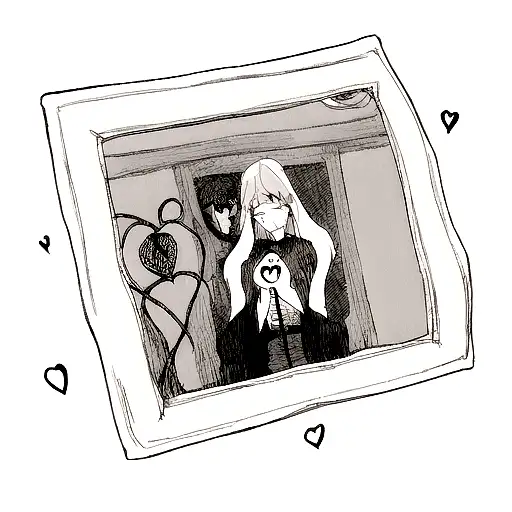 A square hand mirror with a heart in it with a long stick handle. The tattoo is done is a dark fairytale macabre style tattoo design idea