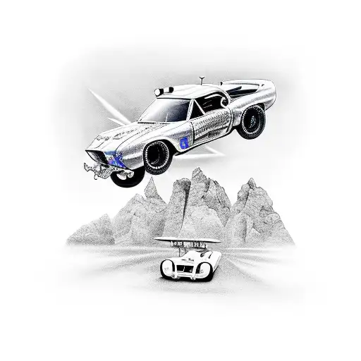 A realistic tattoo of a radio-controlled car speeding through a futuristic cityscape tattoo design idea