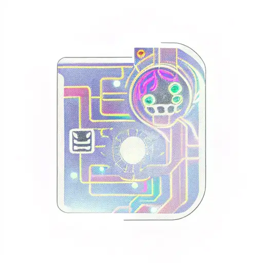A new-school tattoo featuring a YuGiOh card with a robotic twist, surrounded by circuitry and neon lights tattoo design idea