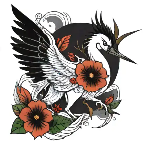 Asian fan pony flowers cranes flying tattoo design idea