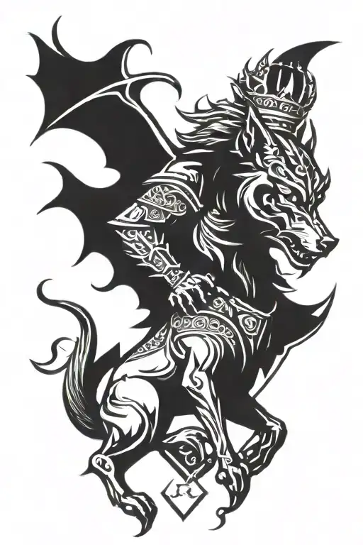 knights gauntlet wolf crest heraldry crown wings tattoo design idea