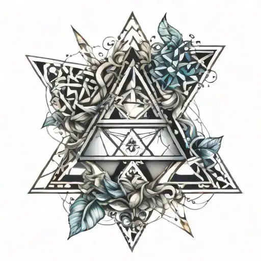 A symmetrical tattoo design of three triangles intertwined and combined forming an large triangle, each having an differ tattoo design idea