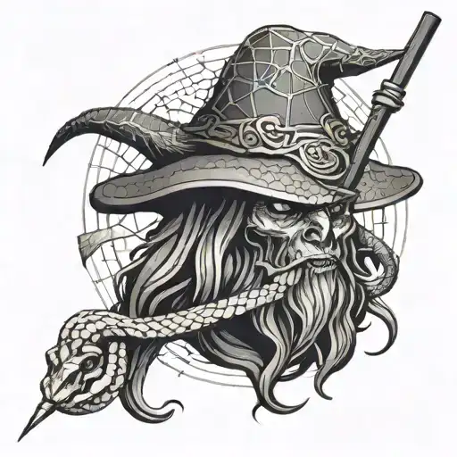 Geometric dark wizard with hat wand snake death rubic tattoo design idea