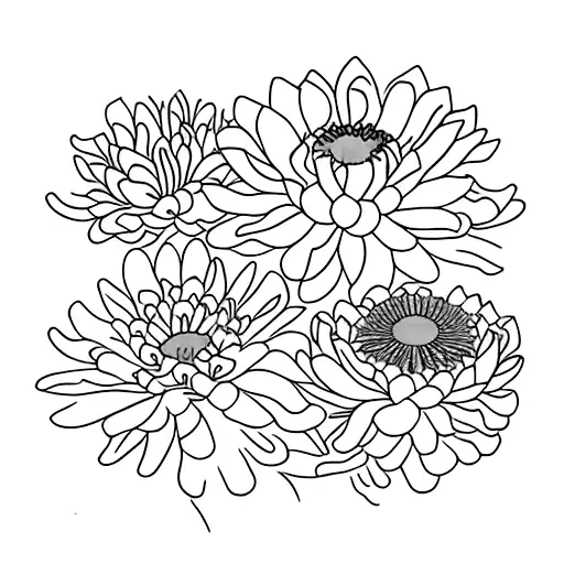 Chrysanthemum, marigold, water lily, violet, poppy in a bouquet with ladybugs tattoo design idea