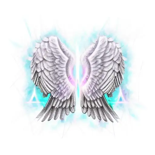 Pair of angel wings with purple rock like chains wrapped around them at the end of the chain a broken chain link  transi tattoo design idea