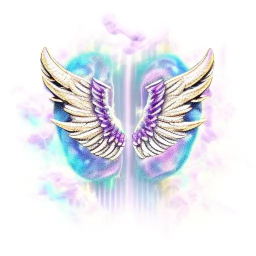 Pair of angel wings with purple rock like chains wrapped around them at the end of the chain a broken chain link  transi tattoo design idea