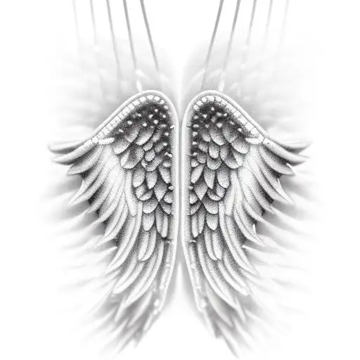 Pair of angel wings wrapped around with (purple rock like chains)  at the end of the chain a broken chain link  transiti tattoo design idea