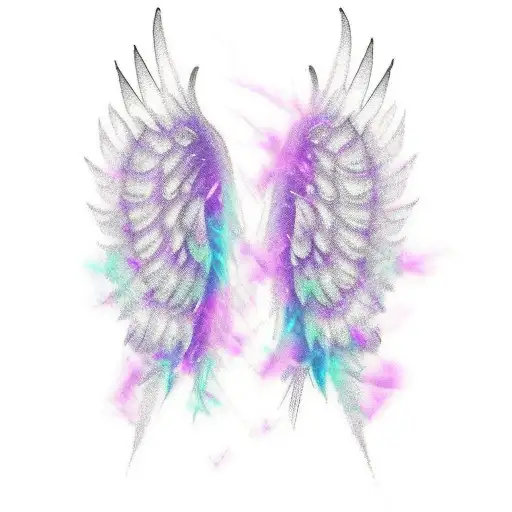 Pair of angel wings with purple rock like chains wrapped around them at the end of the chain a broken chain link  transi tattoo design idea