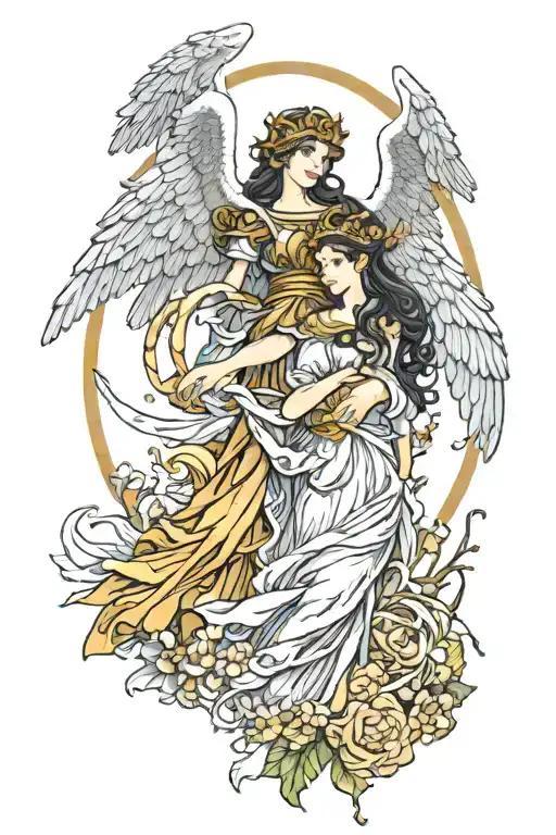 Goddess athena with angel gabriel and water nymph holding hands tattoo design idea