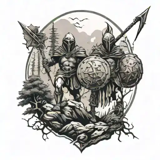 2 Spartans With a shield and spear walking to the forest with scary monsters in the forest tattoo design idea