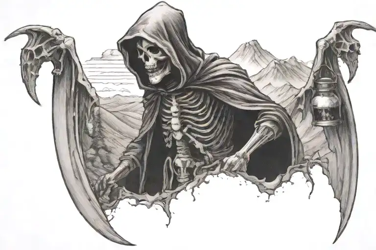 A Grim Reaper overlooking a mountain range with bombs dropping in a dotwork style tattoo design idea